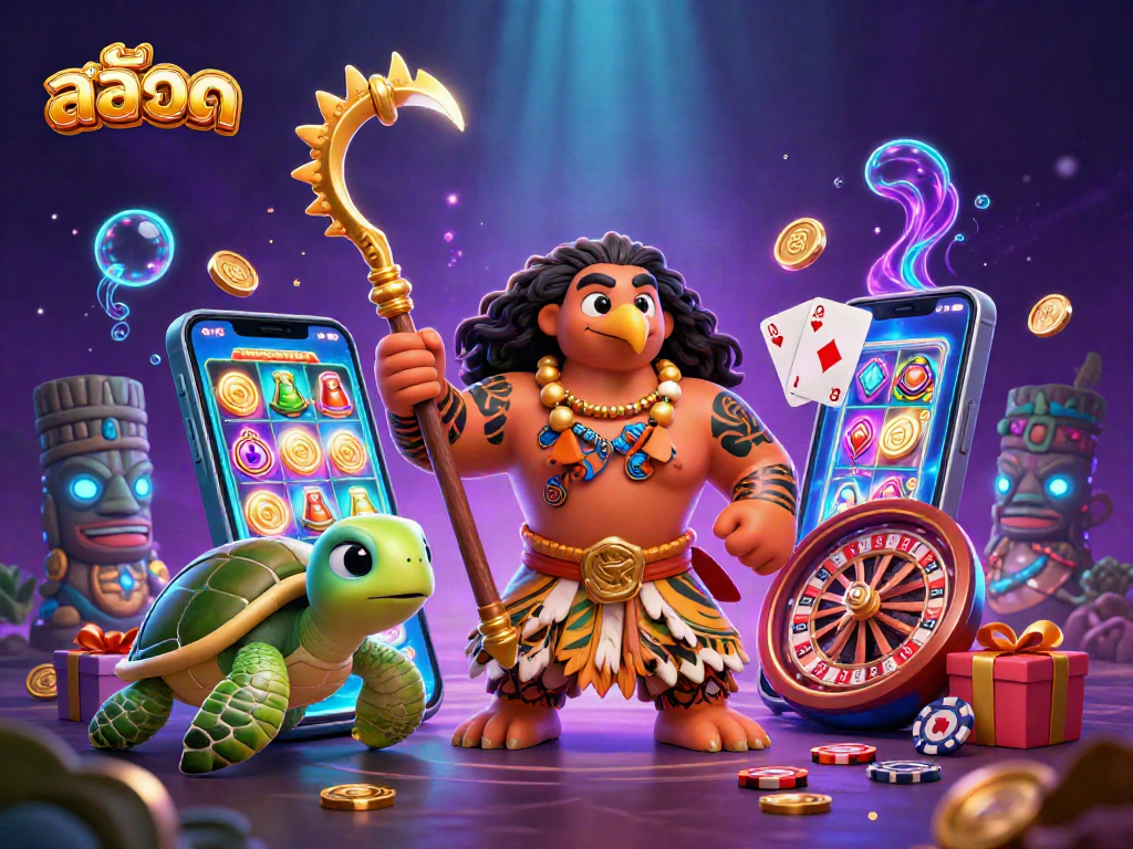 Engaging scene featuring the charming character "สล็อต" within a vibrant casino-themed illustration, showcasing slot games and dynamic casino elements.