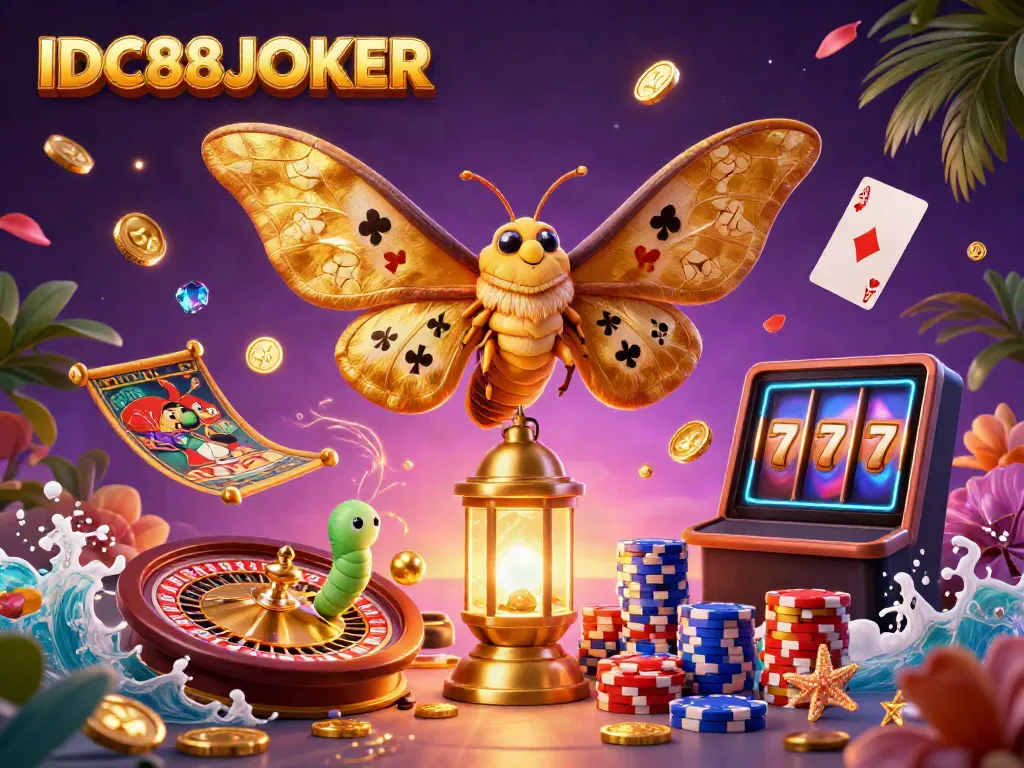 Experience thrilling gameplay with IDC88JOKER, featuring a vibrant casino scene and a majestic moth.