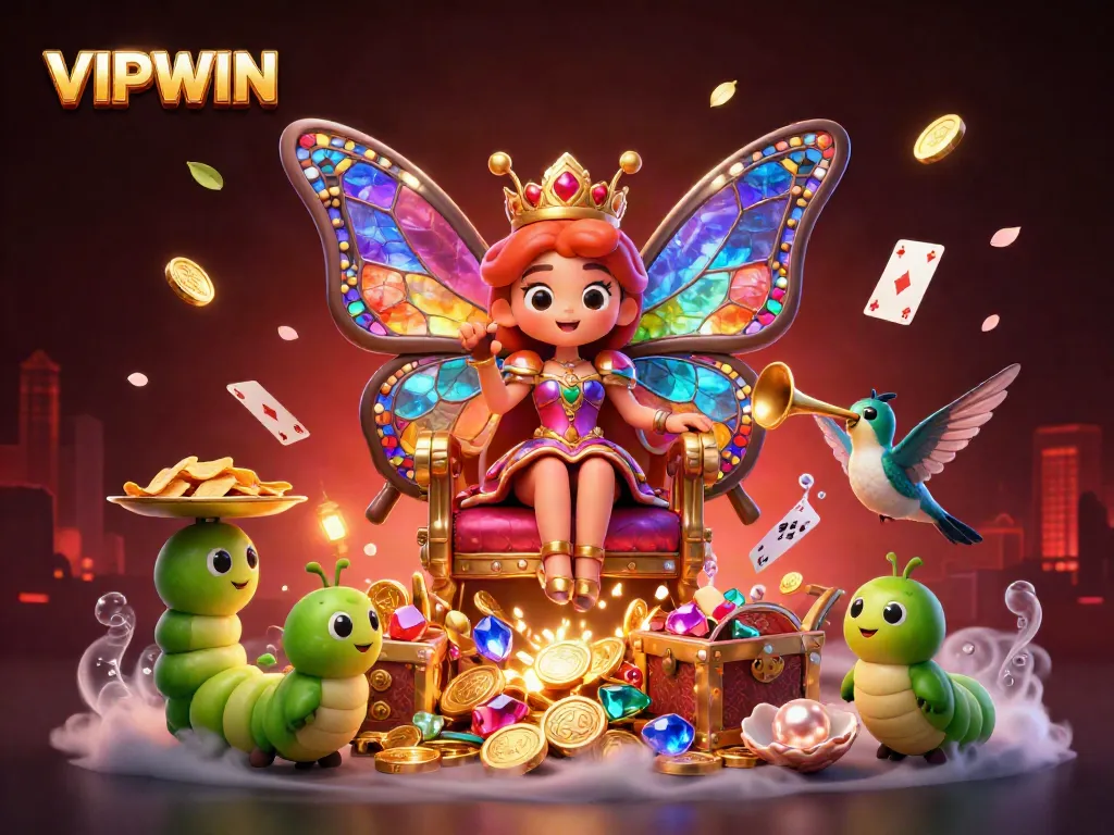 Experience winning strategies at VIPWIN with a vibrant 3D illustration of casino elements and a majestic butterfly queen.