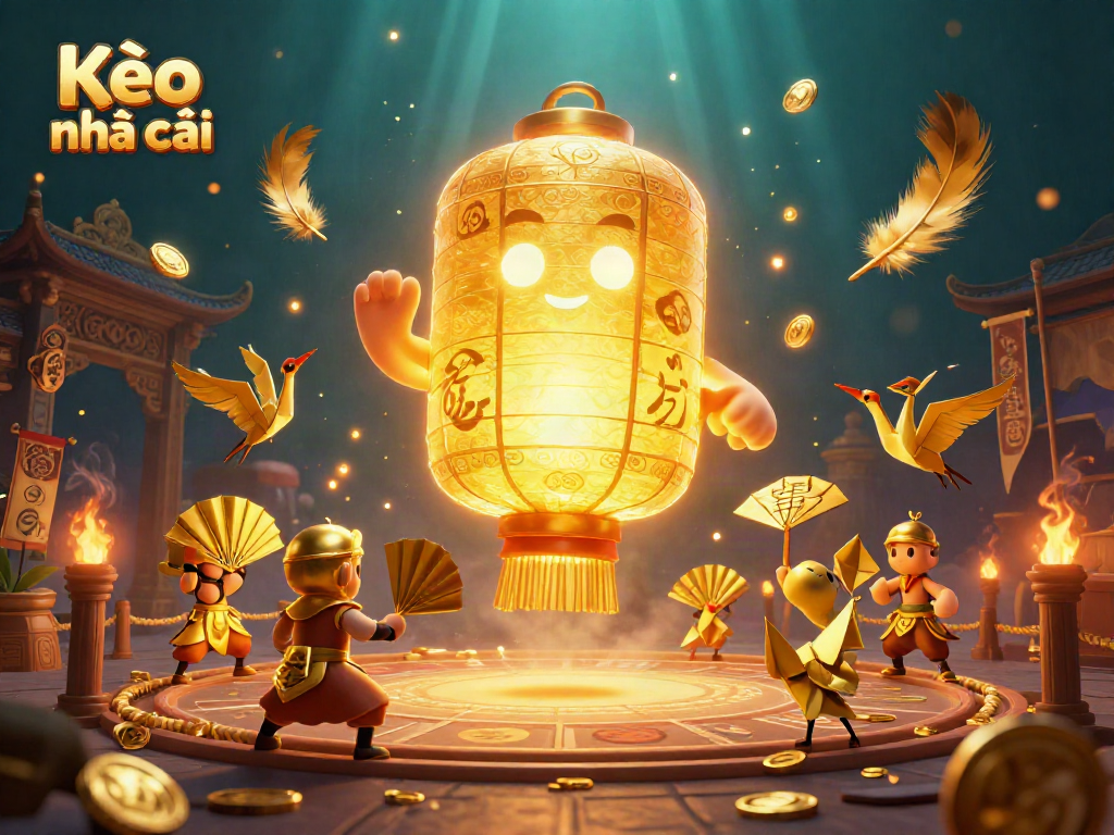 Kèo nhà cái presents an enchanting 3D illustration of golden lantern spirit in a vibrant night market casino.
