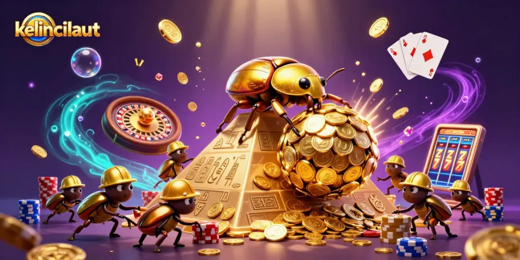 Engage with kelincilaut as a golden beetle navigates a vibrant casino world of coins and games.
