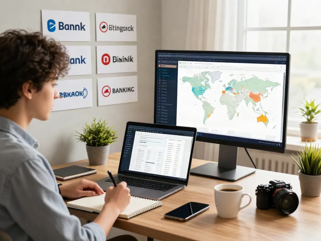 Pengguna javaslot dalam lingkungan kantor yang nyaman, menjelajahi direktori perbankan dengan laptop.
