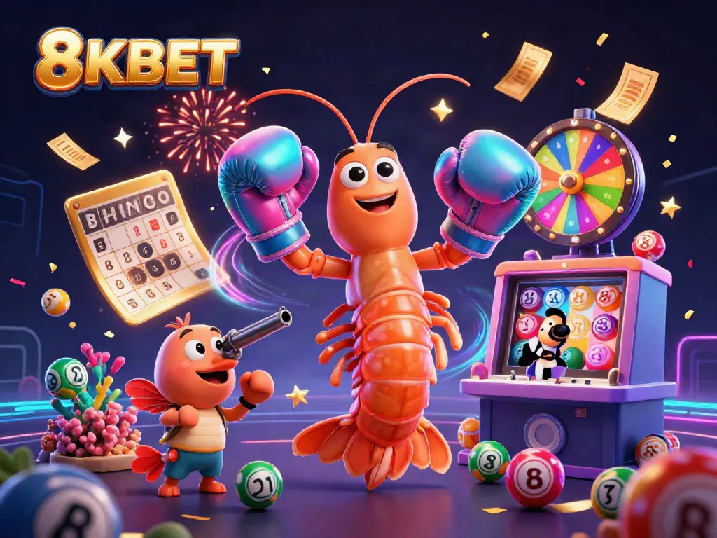 Experience 8KBET's colorful game dynamics with vibrant elements like lottery balls, golden tickets, and celebratory confetti.