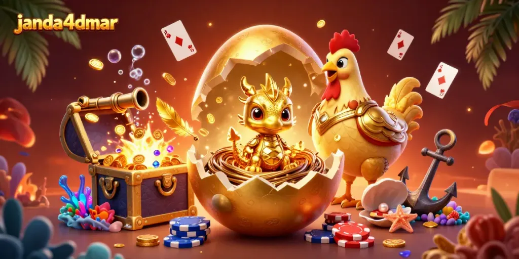 Menyaksikan aksi menakjubkan dari janda4dmar, naga emas bersinar muncul dari telur terobosan di atas tumpukan chip poker.
