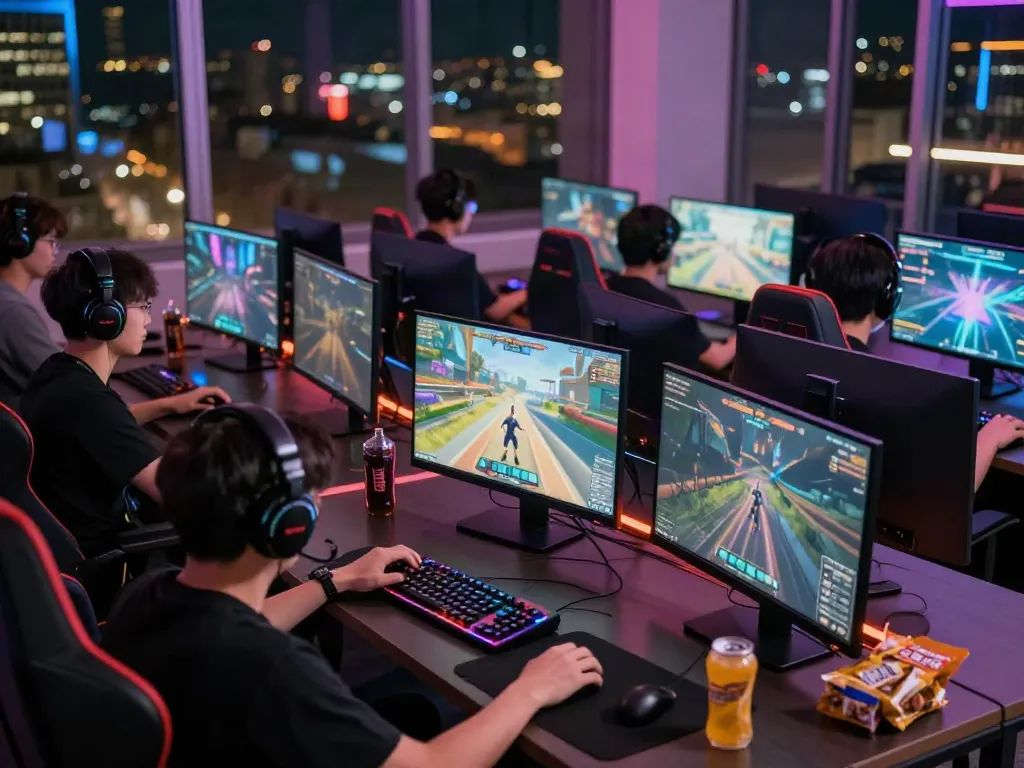 Enthusiastic players gaming online at Bro138 with multiple screens and vibrant graphics.