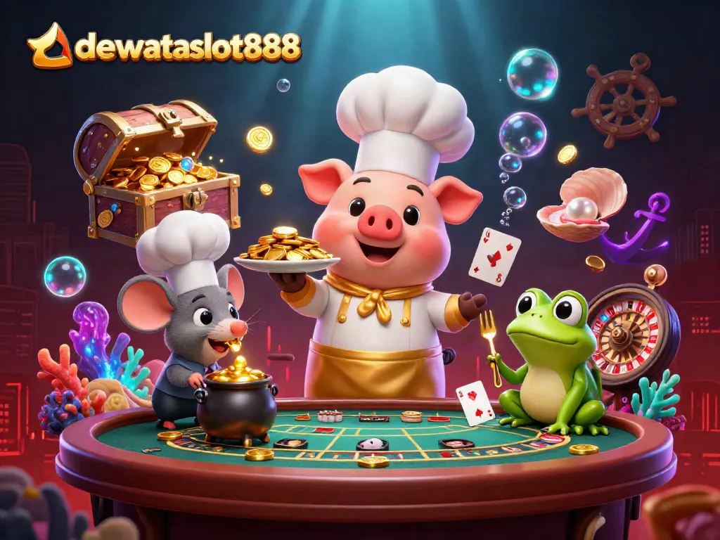 Gambaran dinamis dewataslot888 di casino dengan karakter kartun serta elemen roulette dan baccarat.