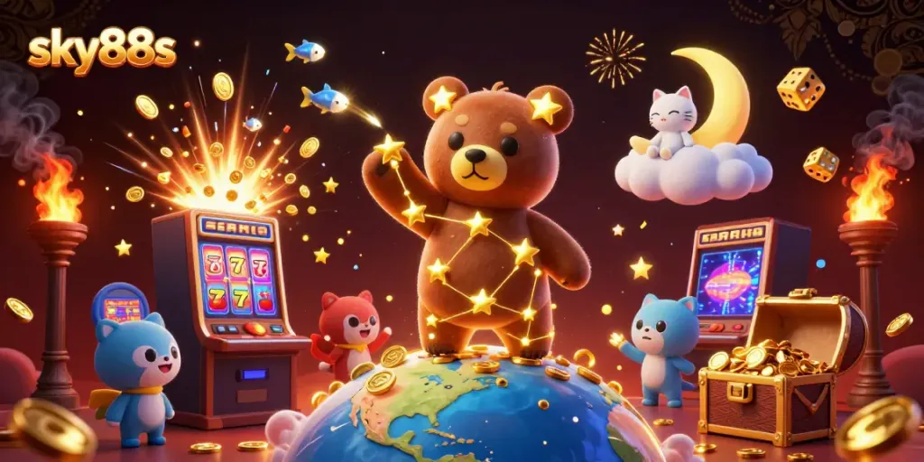 Experience thrilling gaming with sky88s in a vibrant 3D casino scene filled with slot machines and golden treasures.