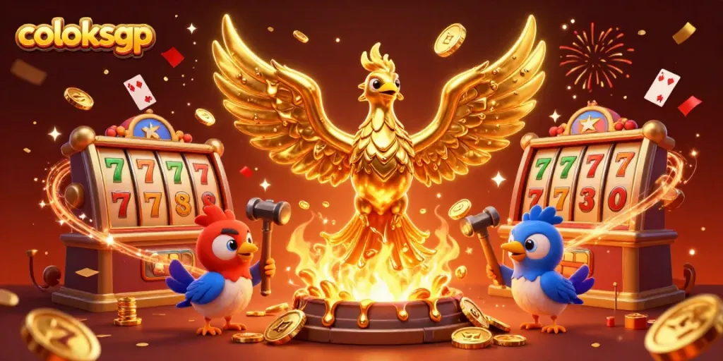 Coloksgp menampilkan slot yang menarik dengan phoenix emas dan koin bersinar.