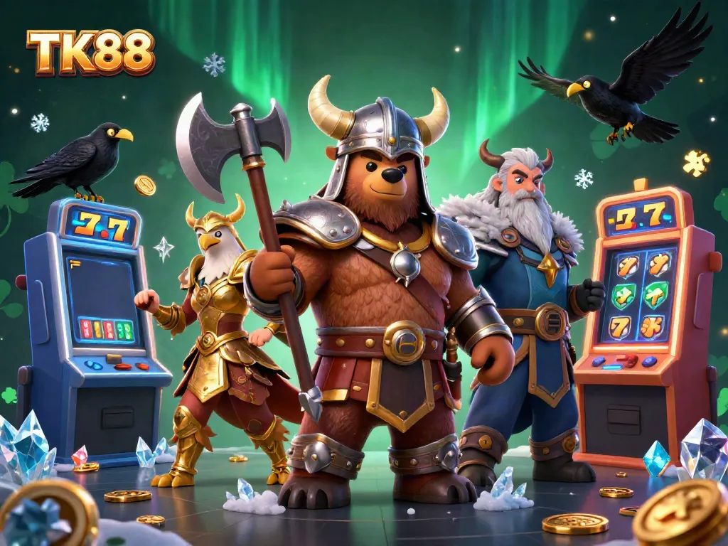 Join the action with TK88's vibrant 3D casino scene featuring colorful slots and dynamic characters.