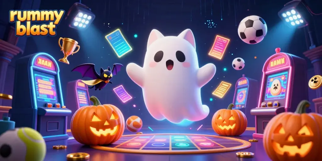 Experience thrilling rummy blast gameplay with a vibrant casino atmosphere filled with ghostly characters.