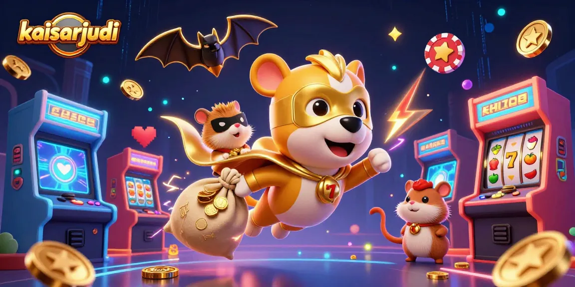 Kaisarjudi superhero dog flying with coins in vibrant casino scene, showcasing arcade elements and jackpot excitement.