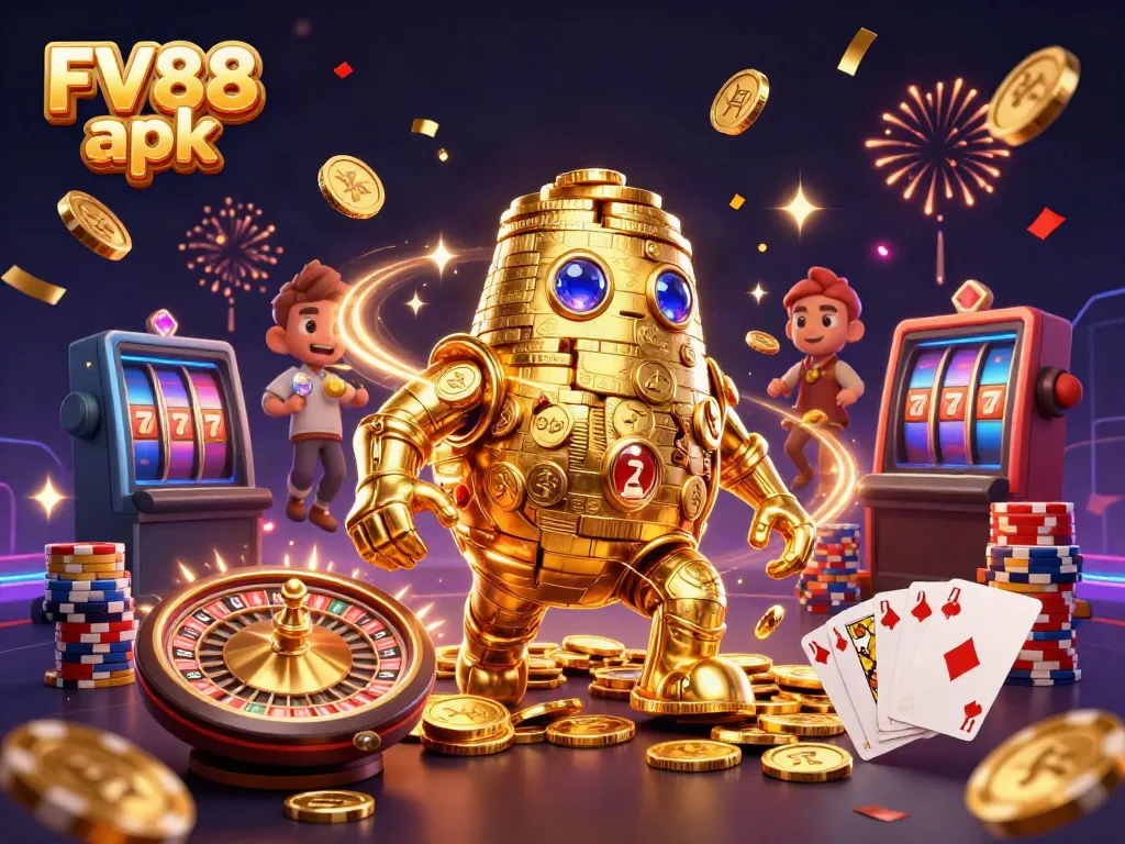 Experience FV88 apk's thrilling gameplay with a vibrant 3D casino illustration featuring a golden golem and rich gaming elements.