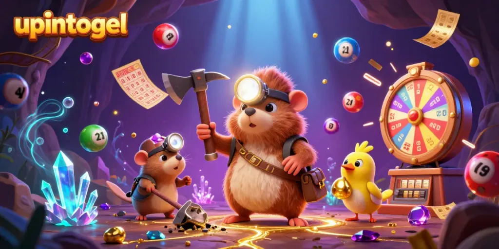 Menang besar di upintogel dengan karakter penambang dan elemen lotere yang penuh warna dalam lingkungan yang menyala.