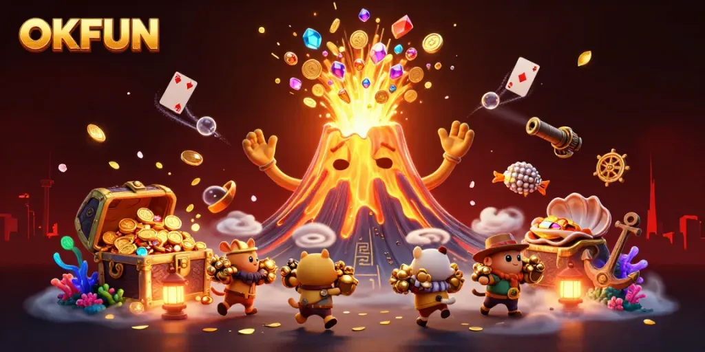 Engage in thrilling gaming action at OKFUN with a vibrant 3D illustration of winning moments.