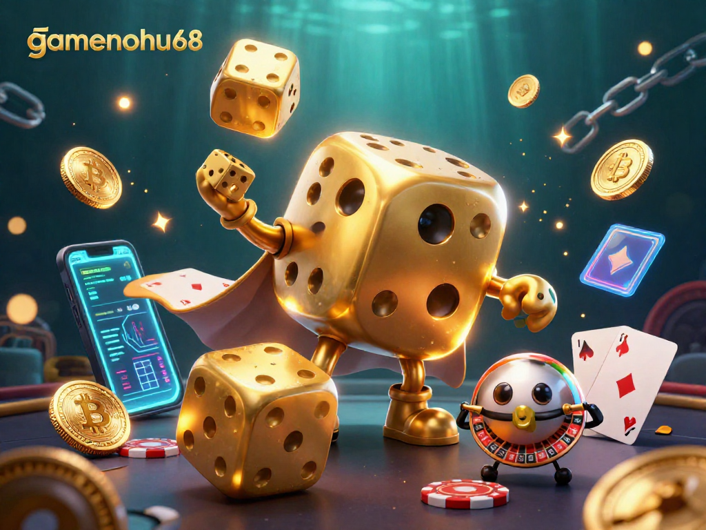 Experience the excitement at gamenohu68 with a vibrant 3D casino scene featuring golden dice and crypto elements.