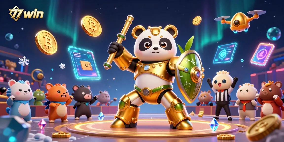 77win gamblers experience thrilling action in a vibrant 3D casino arena with golden panda robots.