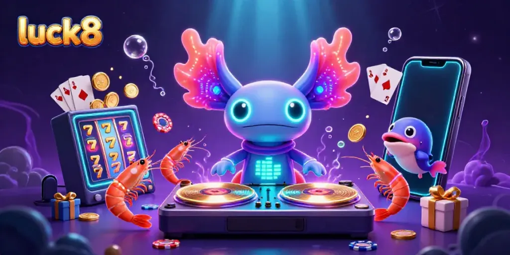 Catch the excitement of luck8 with a vibrant, animated scene featuring a DJ axolotl and dancing shrimp in an underwater casino environment.