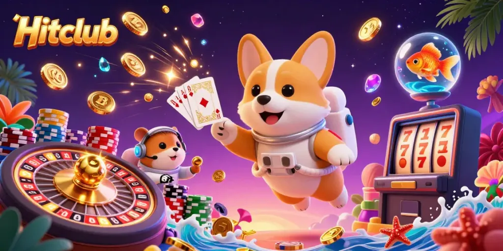 Hitclub offers an exhilarating gaming experience with a vibrant space casino scene featuring a playful corgi astronaut.