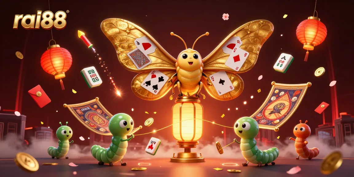 Experience the excitement of rai88 through vibrant 3D casino elements including a stunning atlas moth and golden lanterns.
