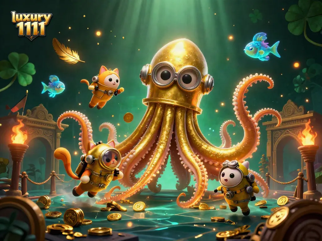 Permainan slot luxury 1111 dengan karakter kraken raksasa dan kucing menyelam, detail menakjubkan.