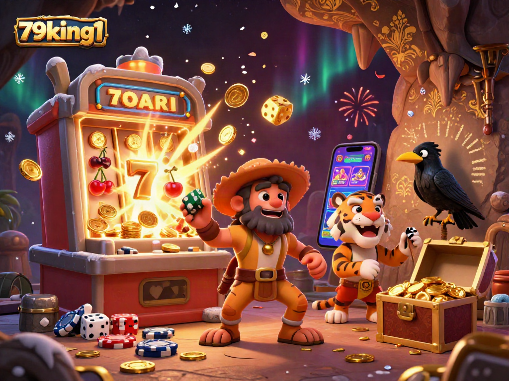 Engage with 79king1 at a prehistoric casino featuring cavemen, a tiger, and jackpot excitement.