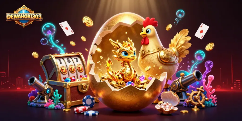 Menggandakan peluang menang dalam permainan slot DEWAHOKI303 yang menampilkan naga emas dan chip poker.