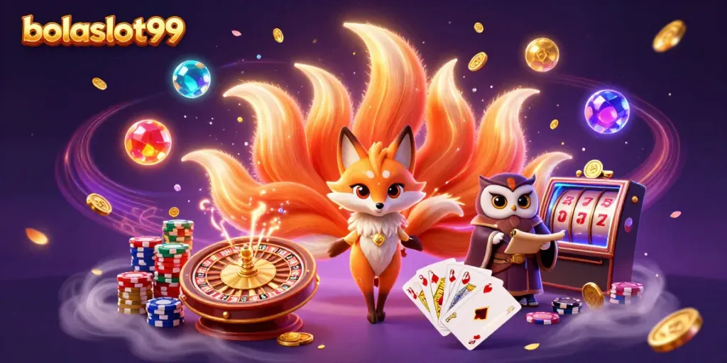 Experience winning moments at bolaslot99 with a vibrant, dynamic casino illustration displaying spirits, gems, and gold coins.