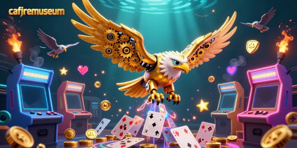 Experience the thrill of gambling at cafiremuseum with a cybernetic eagle diving through playing cards, showcasing vibrant casino elements.