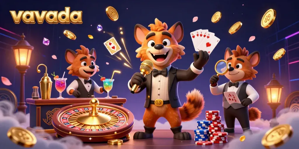 Experience the excitement of Vavada with hyenas in a lively casino scene amid swirling coins and sparkling gems.