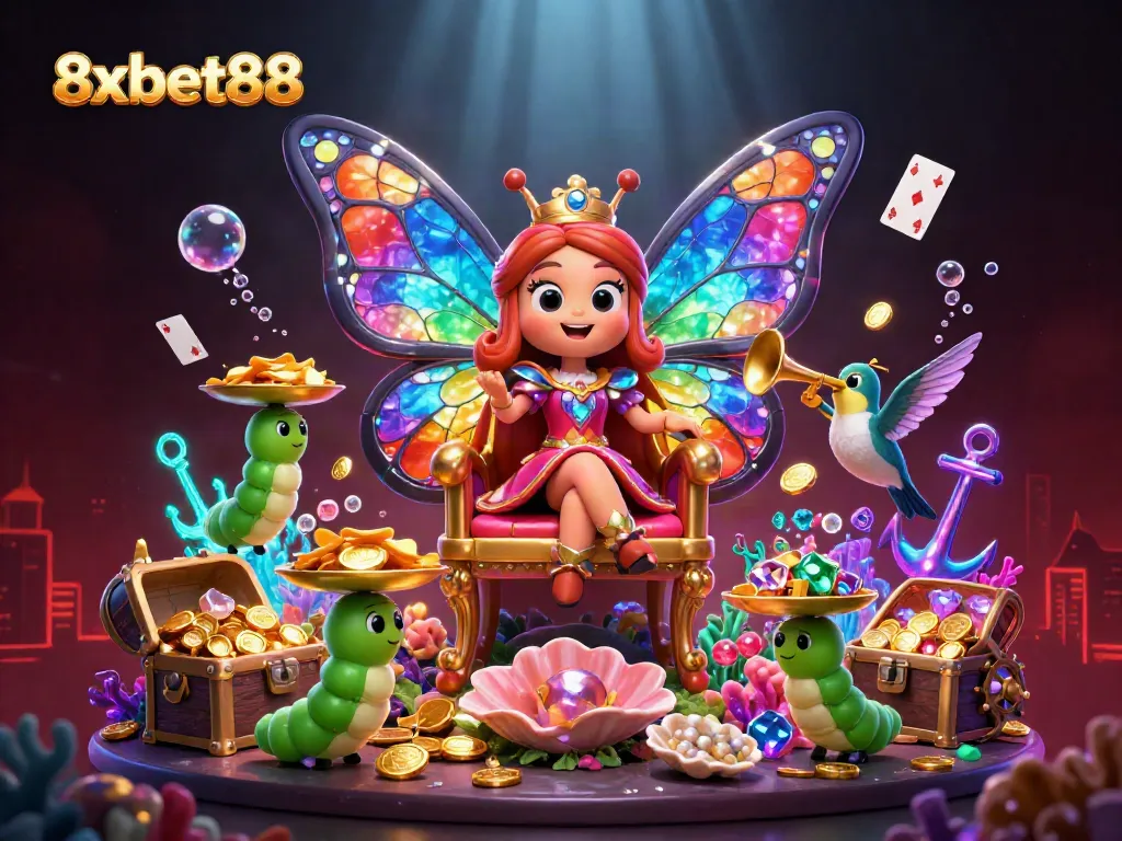 Experience the vibrant 8xbet88 casino world with a butterfly queen and golden treasures.