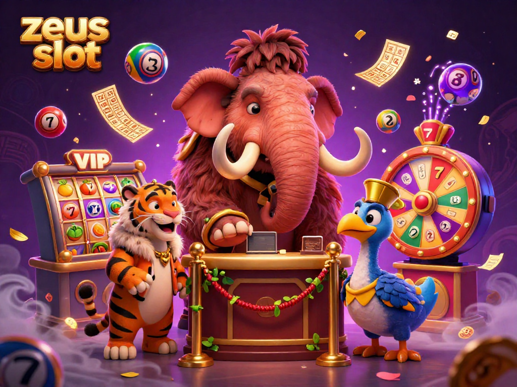 Join the thrilling world of zeus slot with a vibrant illustration featuring unique casino characters and dynamic gaming elements.