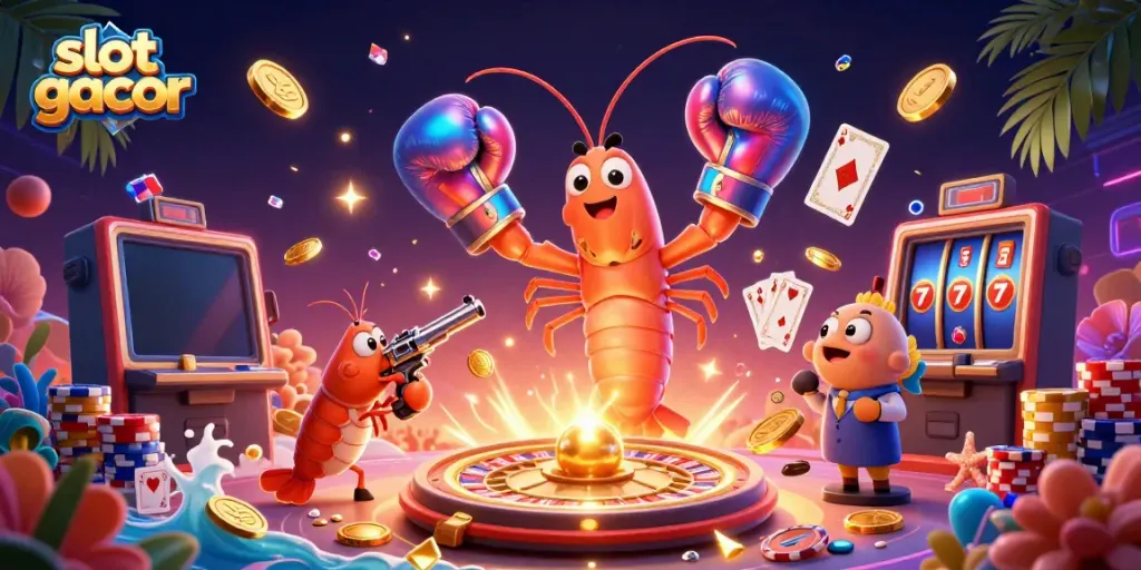 Slot gacor dengan karakter udang mantis 3D berwarna-warni di kasino virtual, menampilkan koin emas dan batu permata.
