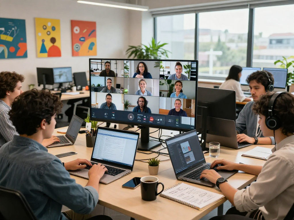 Team collaborating using ToDesk remote desktop software in a modern office.