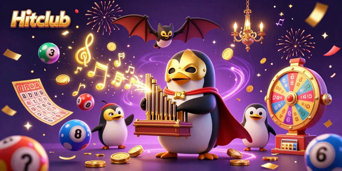 Hitclub offers thrilling gameplay with a cartoon penguin playing organ while golden tickets flutter around.