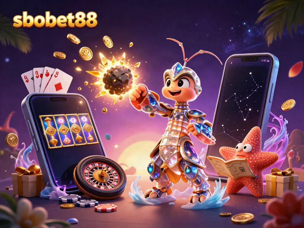 Engage in sbobet88 sports betting with a vibrant 3D scene featuring dynamic casino elements and characters.