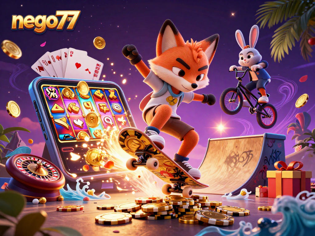 Experience thrilling action at nego77 with a skateboarder fox and BMX rabbit in a vibrant casino scene.