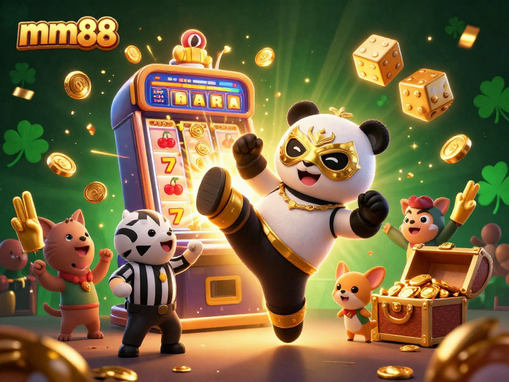 Experience the excitement at mm88 with a dynamic 3D scene of a wrestler panda and casino elements.