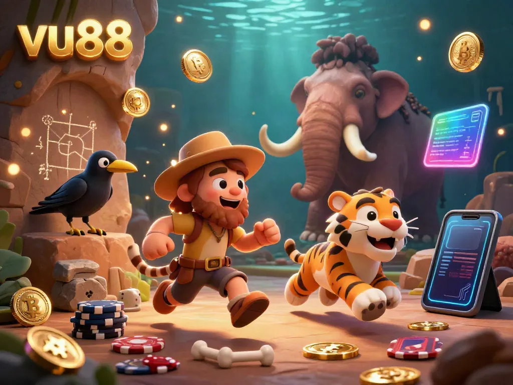 Experience thrilling gameplay at vu88 with immersive 3D scenes illustrating cavemen and crypto elements in a unique casino.