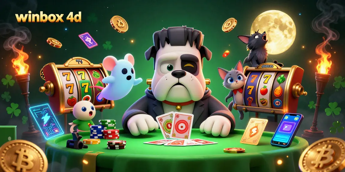 Experience thrilling wins with winbox 4d's slot reels as vibrant characters play cards.