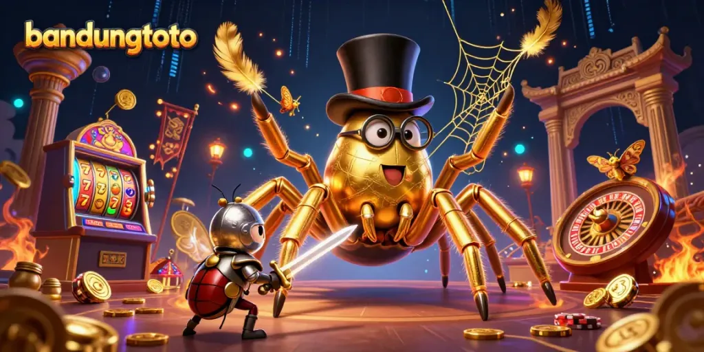 Experience excitement at bandungtoto with a vibrant 3D illustration featuring iconic casino elements and characters.