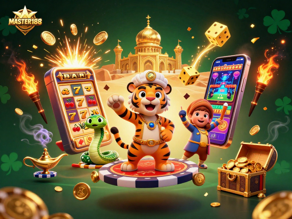 Experience thrilling wins with MASTER188 as a tiger sultan on a poker chip carpet amidst a jackpot explosion.