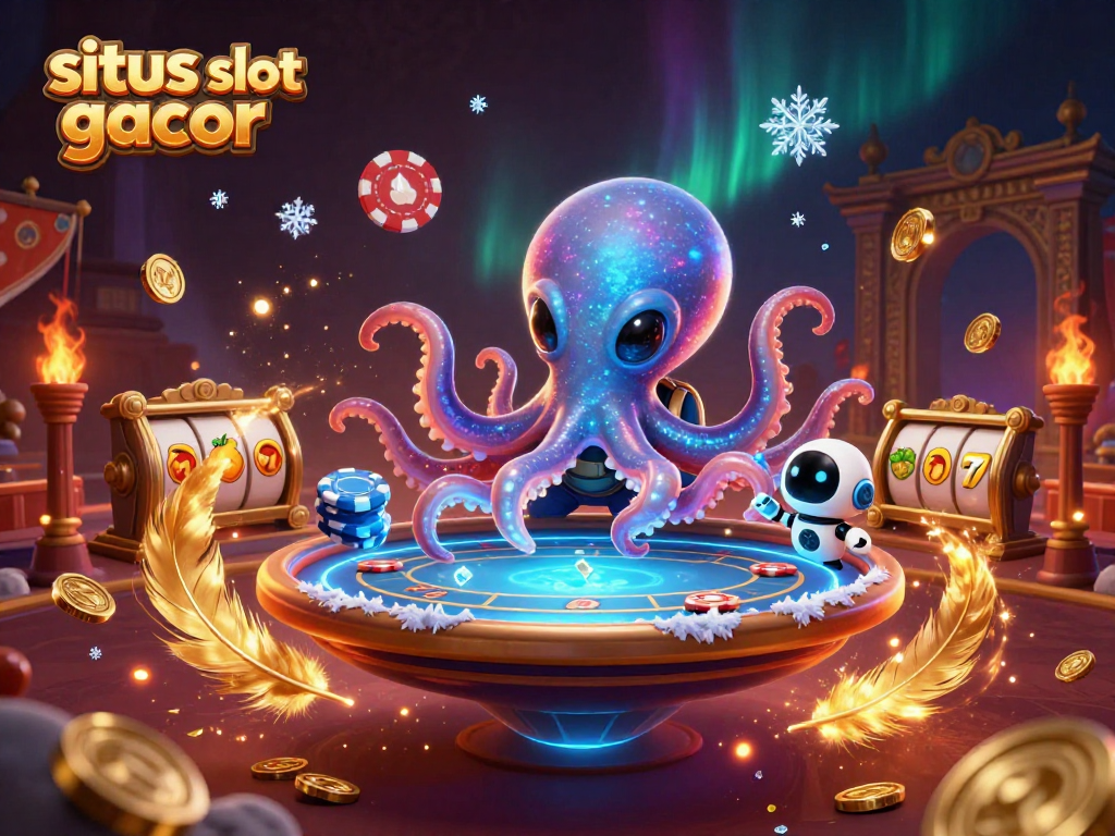 Situs slot gacor: An alien octopus runs a holographic poker table while vibrant slot reels spin, creating a dynamic scene.