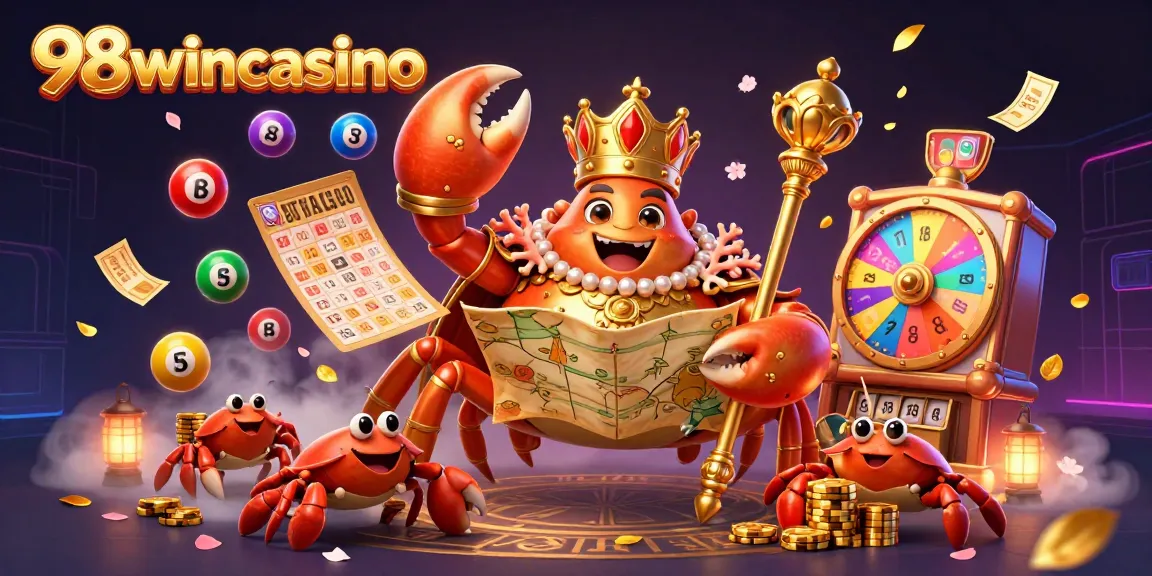 Engage in the exciting world of 98wincasino with vibrant illustrations of gambling elements and characters.