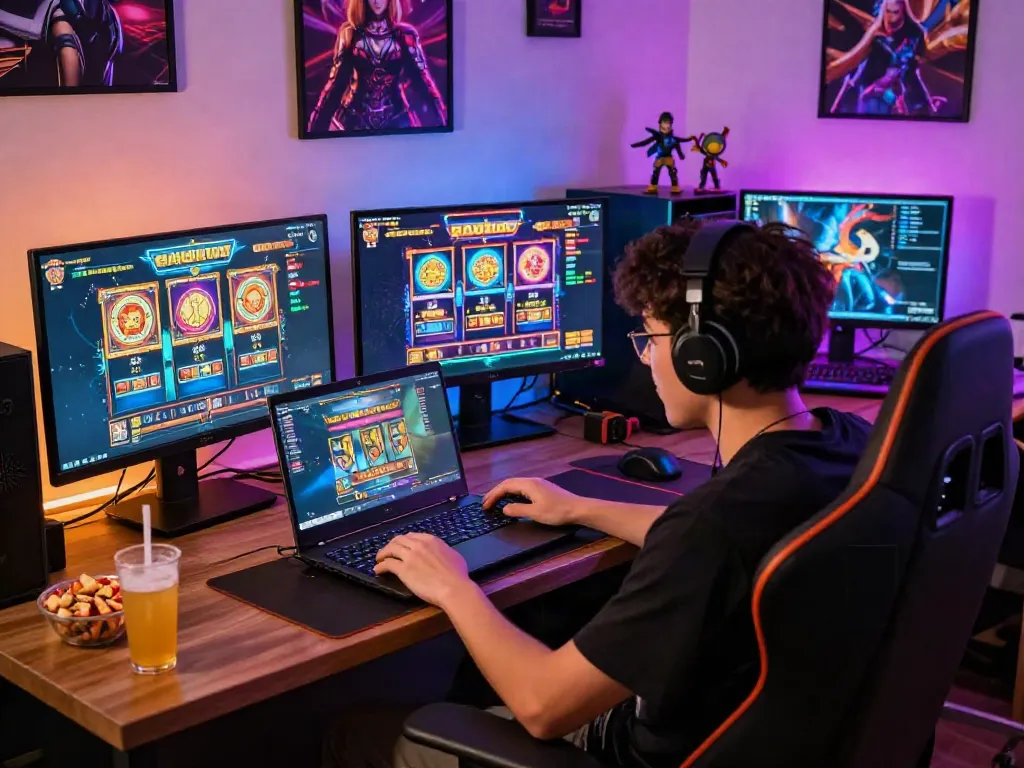 Excited gamer playing slot gacor online with multiple monitors and vibrant gaming setup