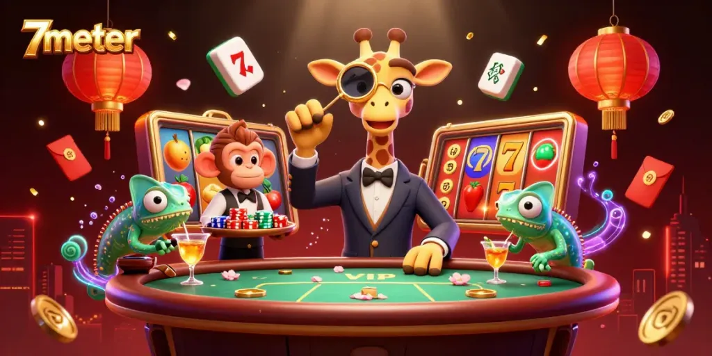 Experience thrilling gameplay with 7meter, featuring a high-roller giraffe at a vibrant VIP casino table.