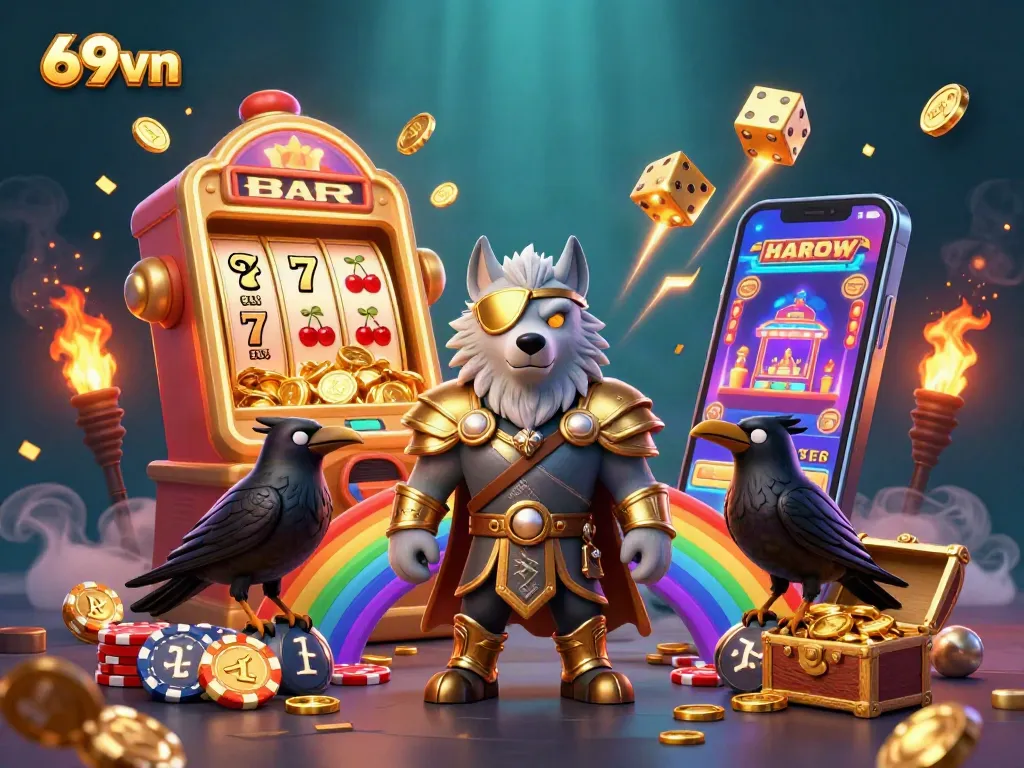 Experience the thrill of 69vn through an epic 3D casino adventure featuring jackpot symbols and glowing characters.