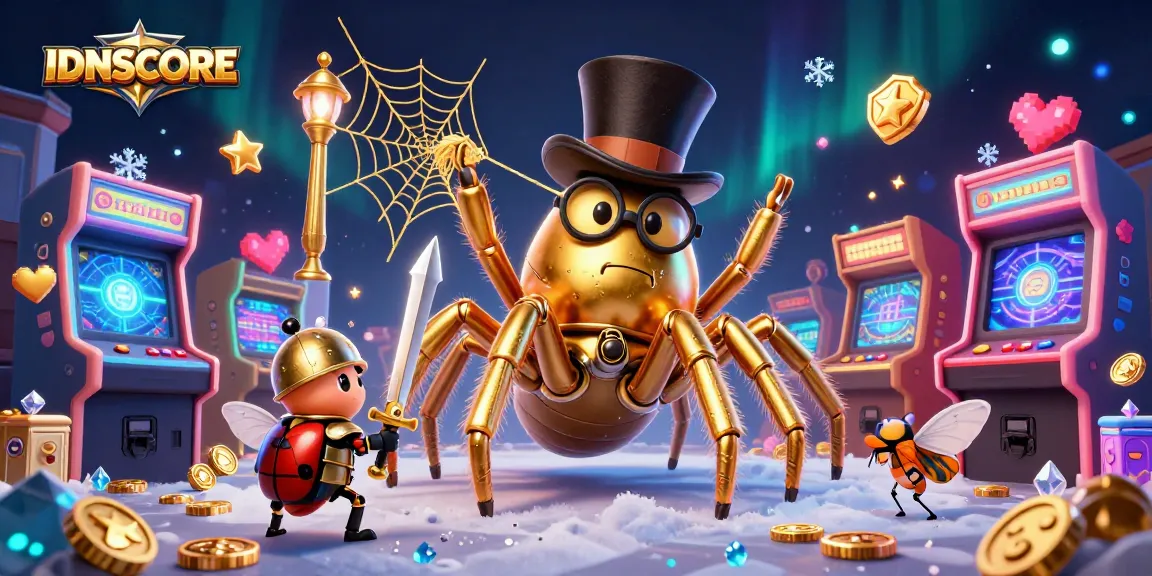 IDNSCORE offers exciting slot loyalty points; a giant tarantula weaves a golden web amidst vibrant casino elements.
