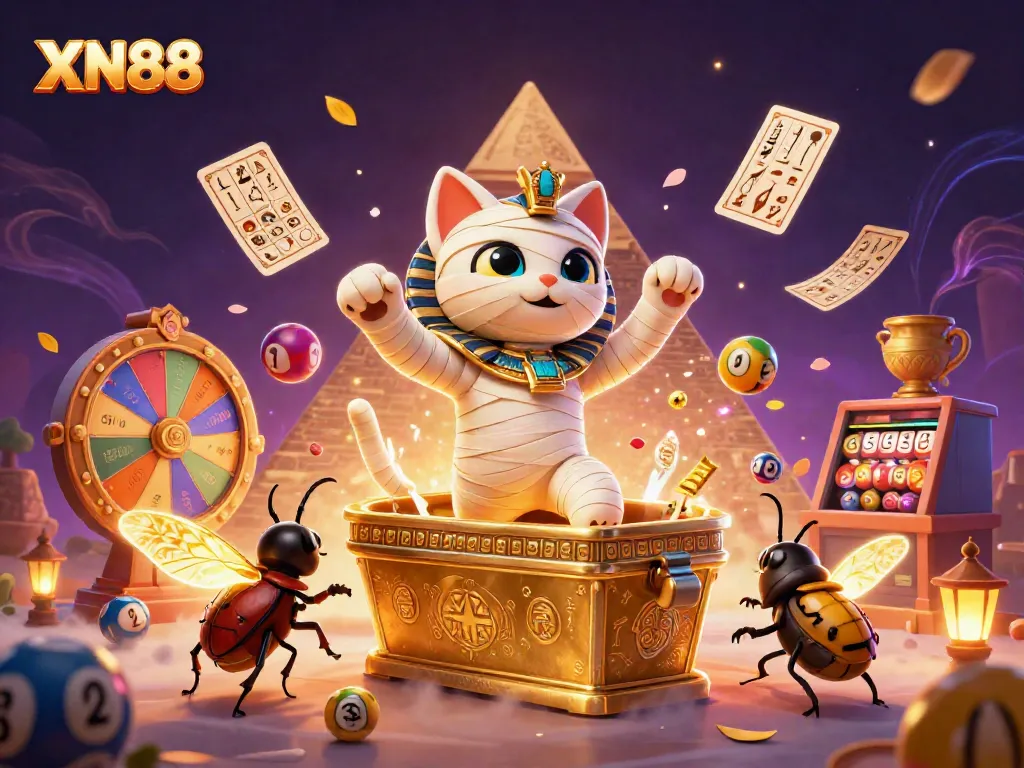 Experience the vibrant world of XN88 with a cartoon mummy cat, golden sarcophagus, and floating lottery elements.
