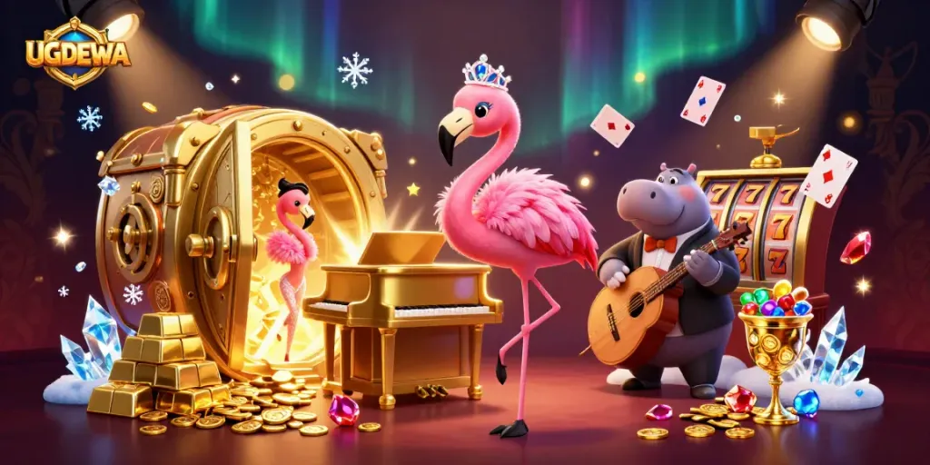 Engage with UGDEWA's vibrant casino atmosphere, featuring a flamingo singer and hippo bassist.