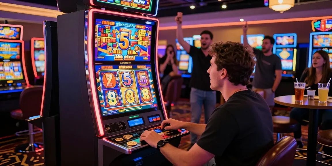 Exciting scene showing a player engaging with slot depo 5k machine in a lively casino.